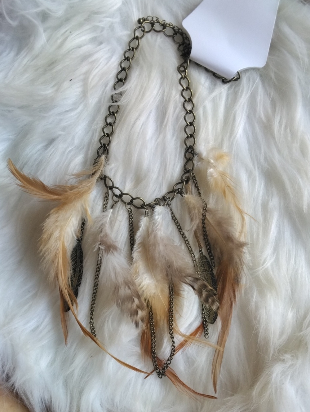 Boho Feather Pendant Necklace in Beige and Brown - Unbranded